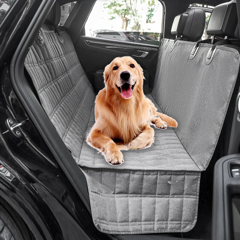 "Waterproof dog car seat cover with mesh window, black, universal fit, breathable and durable for comfortable pet travel."