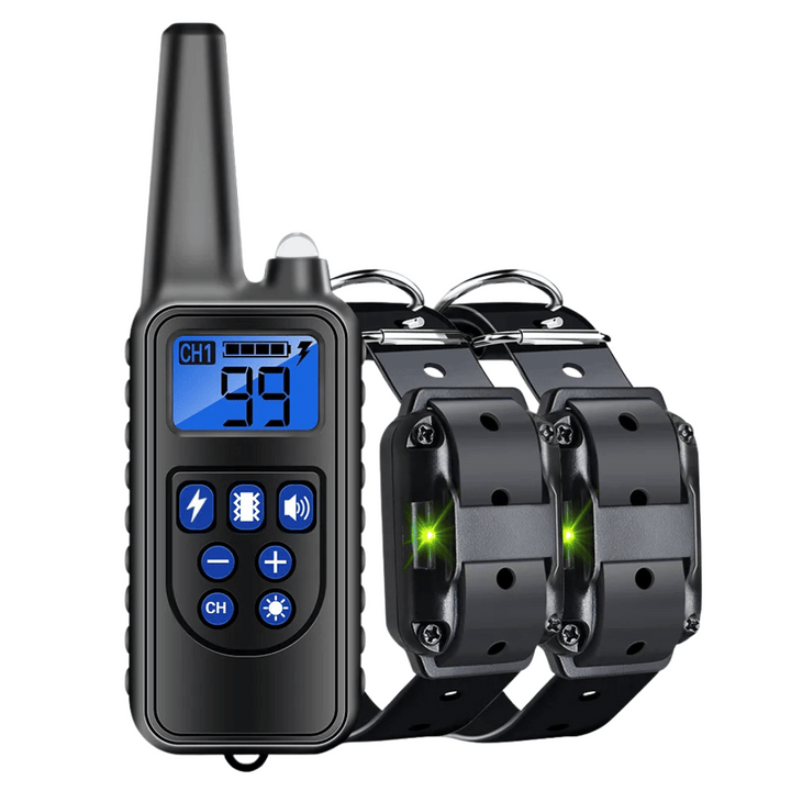 "Waterproof dog training collar with remote, adjustable fit, black color, suitable for pets, features buttons for control."