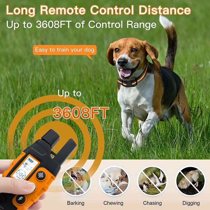 "Waterproof electronic dog training collar with 3300ft remote, featuring durable design and adjustable fit for all breeds."