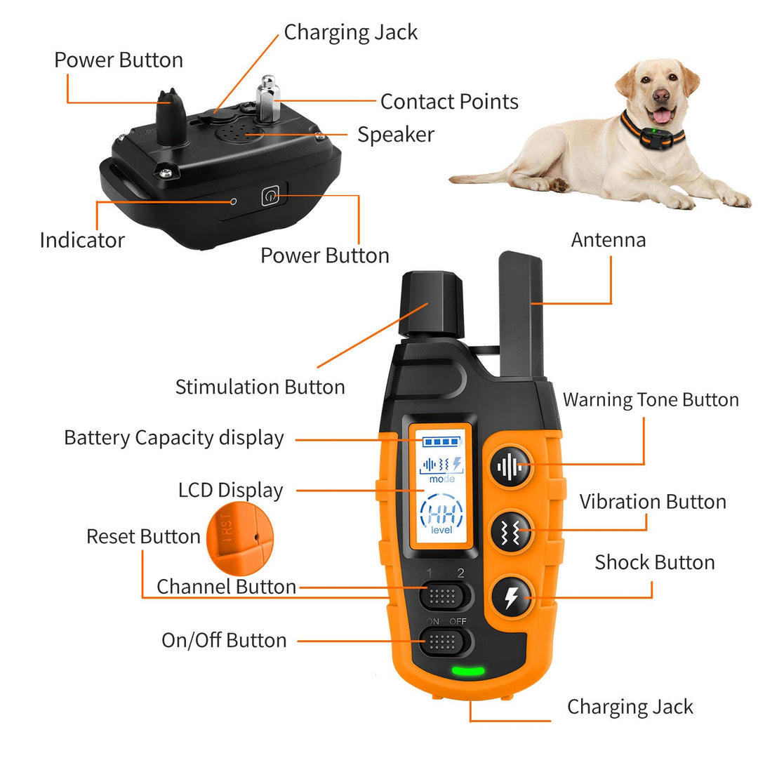 "Waterproof electronic dog training collar with 3300ft remote, featuring durable design and adjustable fit for all breeds."