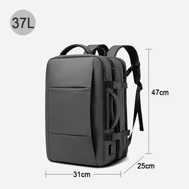 "Waterproof expandable travel backpack in black, roomy design for men and women, ideal for versatile adventures."