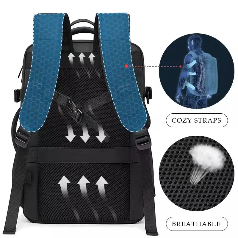 "Waterproof expandable travel backpack in black, roomy design for men and women, ideal for versatile adventures."