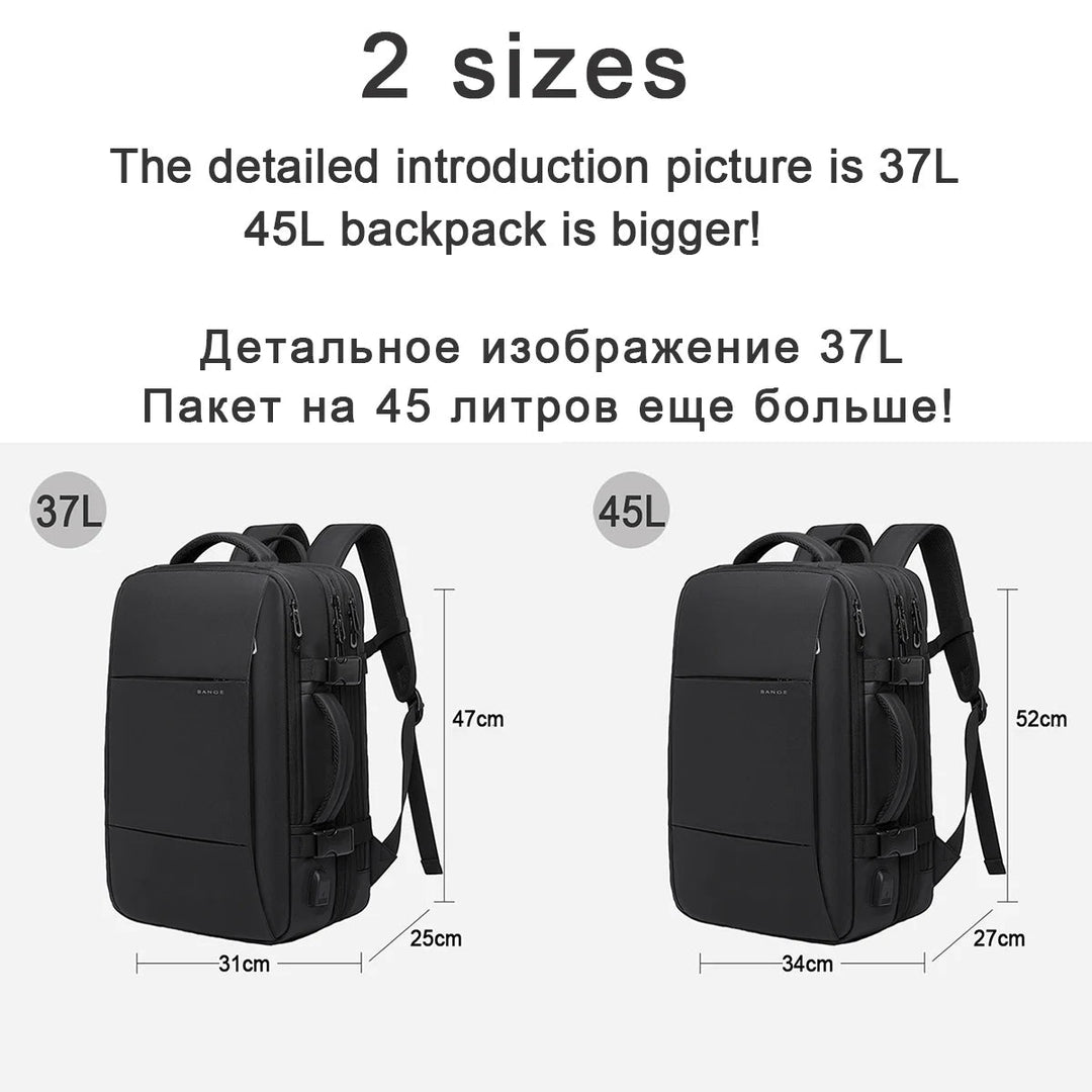 "Waterproof expandable travel backpack in black, roomy design for men and women, ideal for versatile adventures."