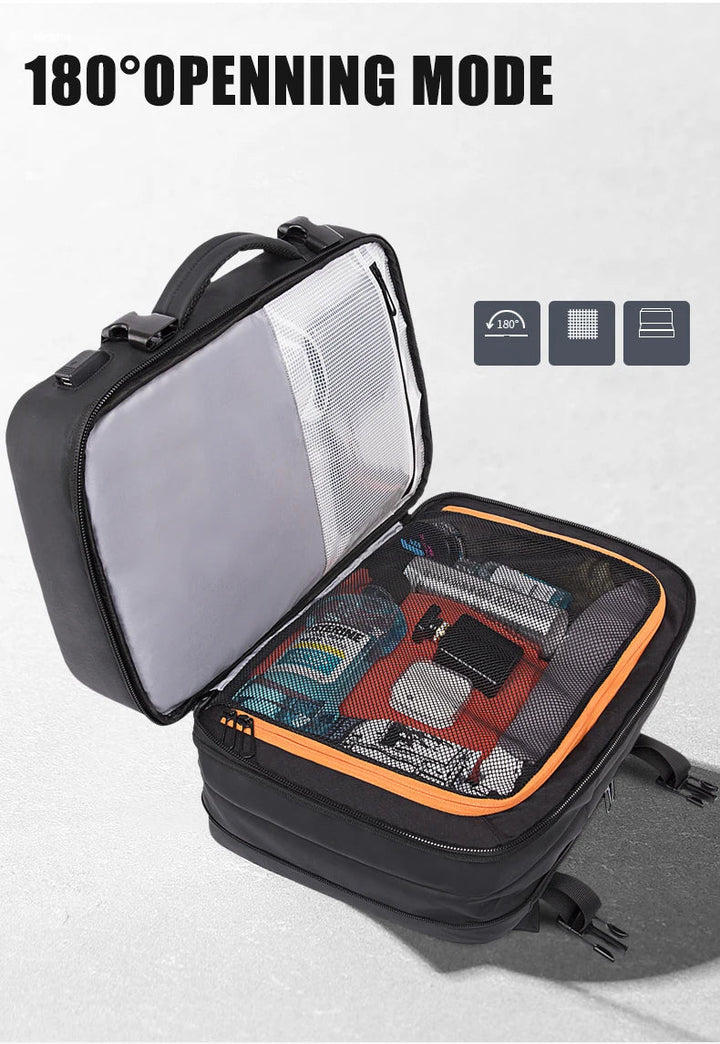 "Waterproof expandable travel backpack in black, roomy design for men and women, ideal for versatile adventures."