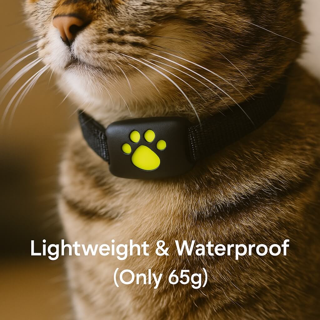 Waterproof GPS cat tracker with real-time location, white, attached to a collar, ideal for pet safety and comfort.