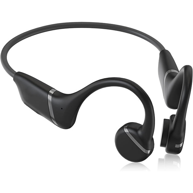 "Waterproof open-ear wireless headphones with bone conduction tech, ideal for active use, in sleek black design."