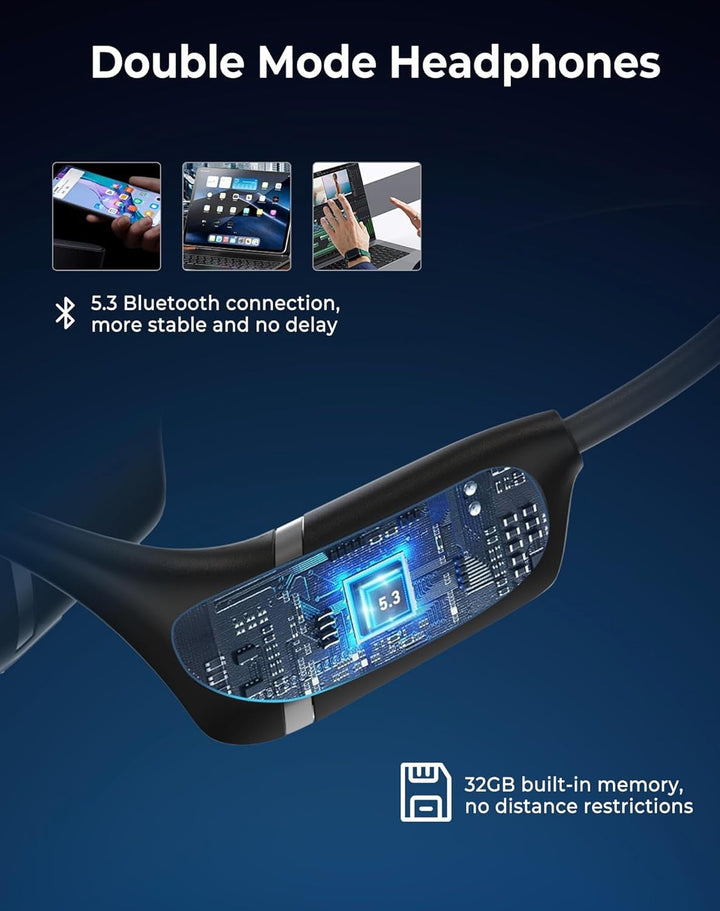 "Waterproof open-ear wireless headphones with bone conduction tech, ideal for active use, in sleek black design."