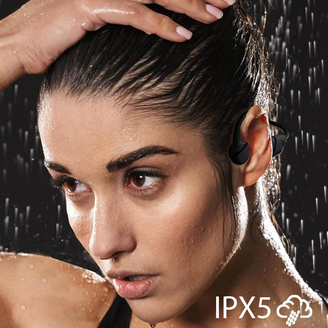 "Waterproof open-ear wireless headphones with bone conduction tech, ideal for active use, in sleek black design."