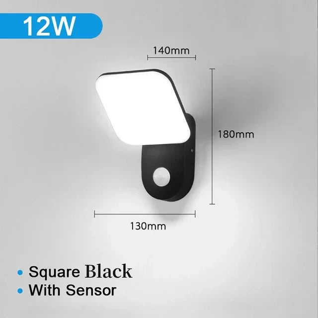 Waterproof outdoor LED wall light with PIR motion sensor, modern design, black aluminum, IP65 rated, enhancing exterior.