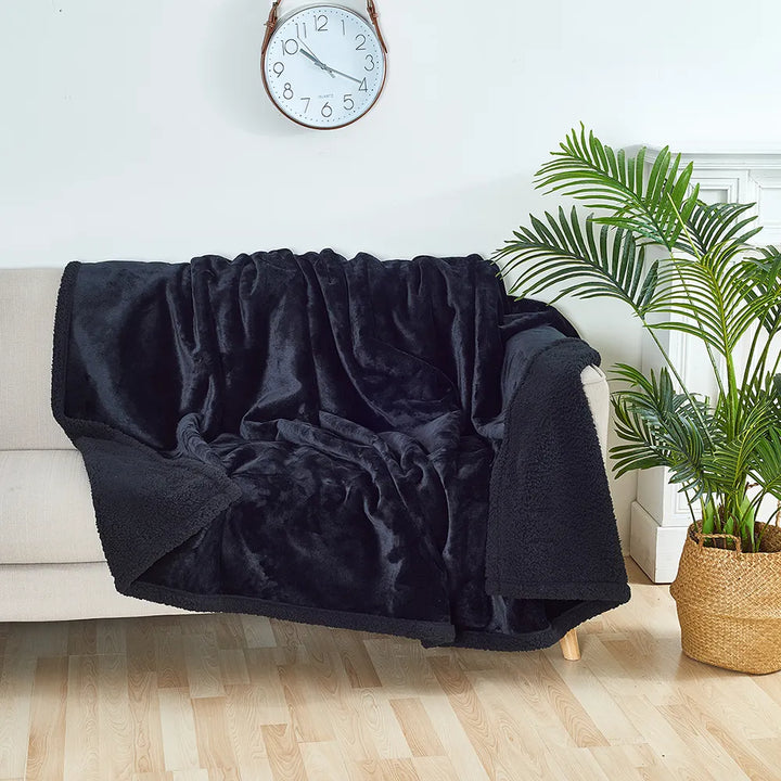 "Waterproof plush furniture protector, dual-sided, fits all sizes; soft, cozy, protects from spills and stains."