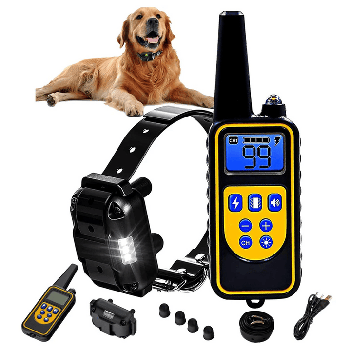 "Waterproof rechargeable remote-controlled dog training collar with adjustable fit and multiple training modes for all dogs."