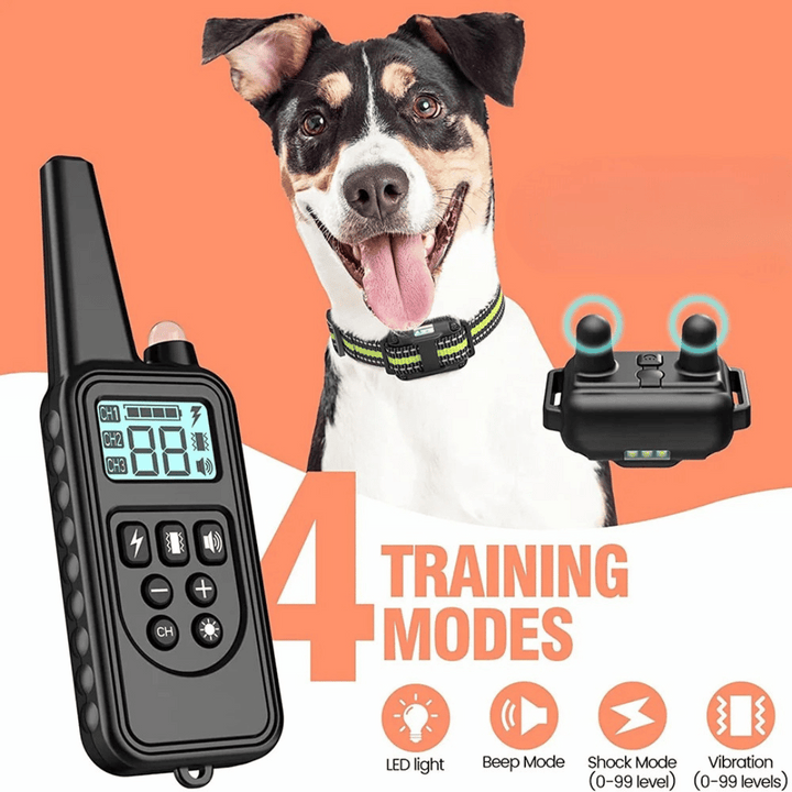 "Waterproof rechargeable remote-controlled dog training collar with adjustable fit and multiple training modes for all dogs."