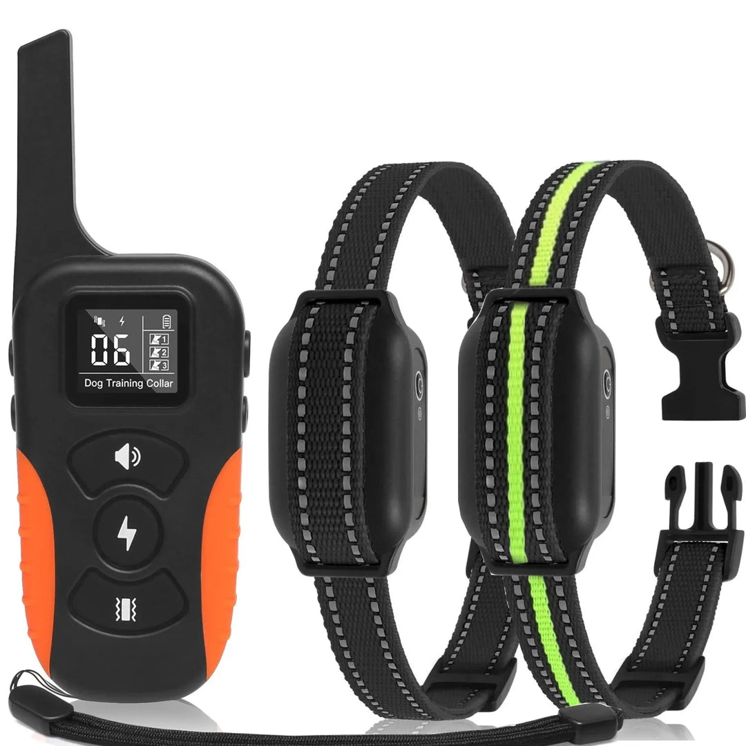 Waterproof remote dog training collar with shock and beep; black, adjustable, suitable for all breeds, ideal for outdoor use.