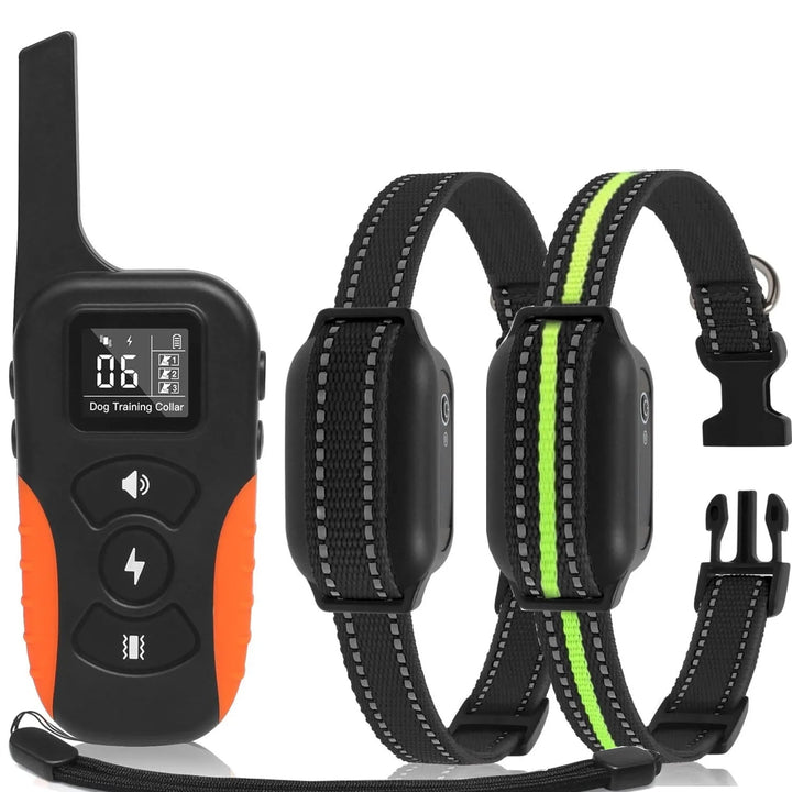 Waterproof remote dog training collar with shock and beep; black, adjustable, suitable for all breeds, ideal for outdoor use.