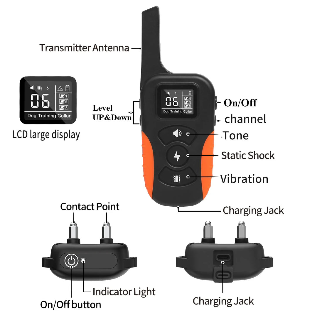 Waterproof remote dog training collar with shock and beep; black, adjustable, suitable for all breeds, ideal for outdoor use.