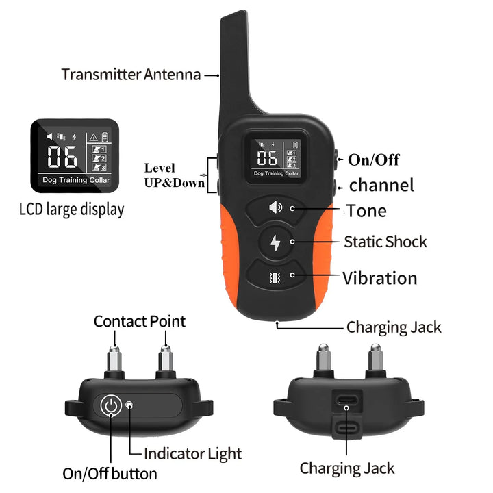 Waterproof remote dog training collar with shock and beep; black, adjustable, suitable for all breeds, ideal for outdoor use.