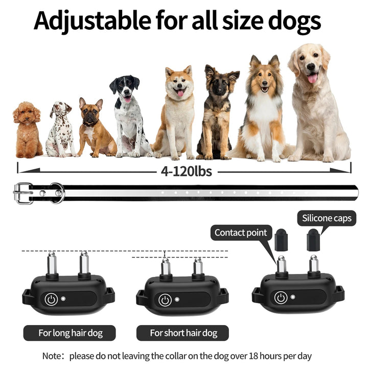 Waterproof remote dog training collar with shock and beep; black, adjustable, suitable for all breeds, ideal for outdoor use.
