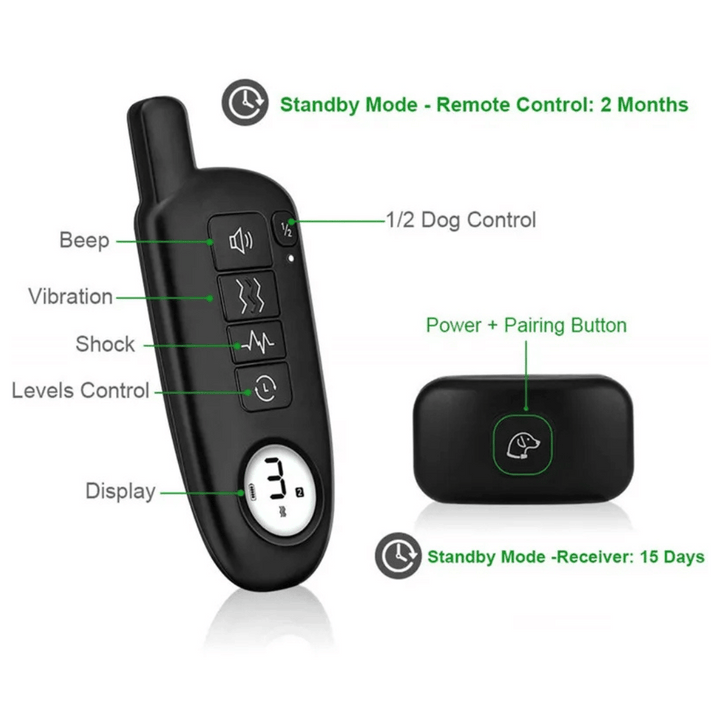 "Waterproof smart dog training collar with remote, 300m range, durable design for effective indoor/outdoor pet training."