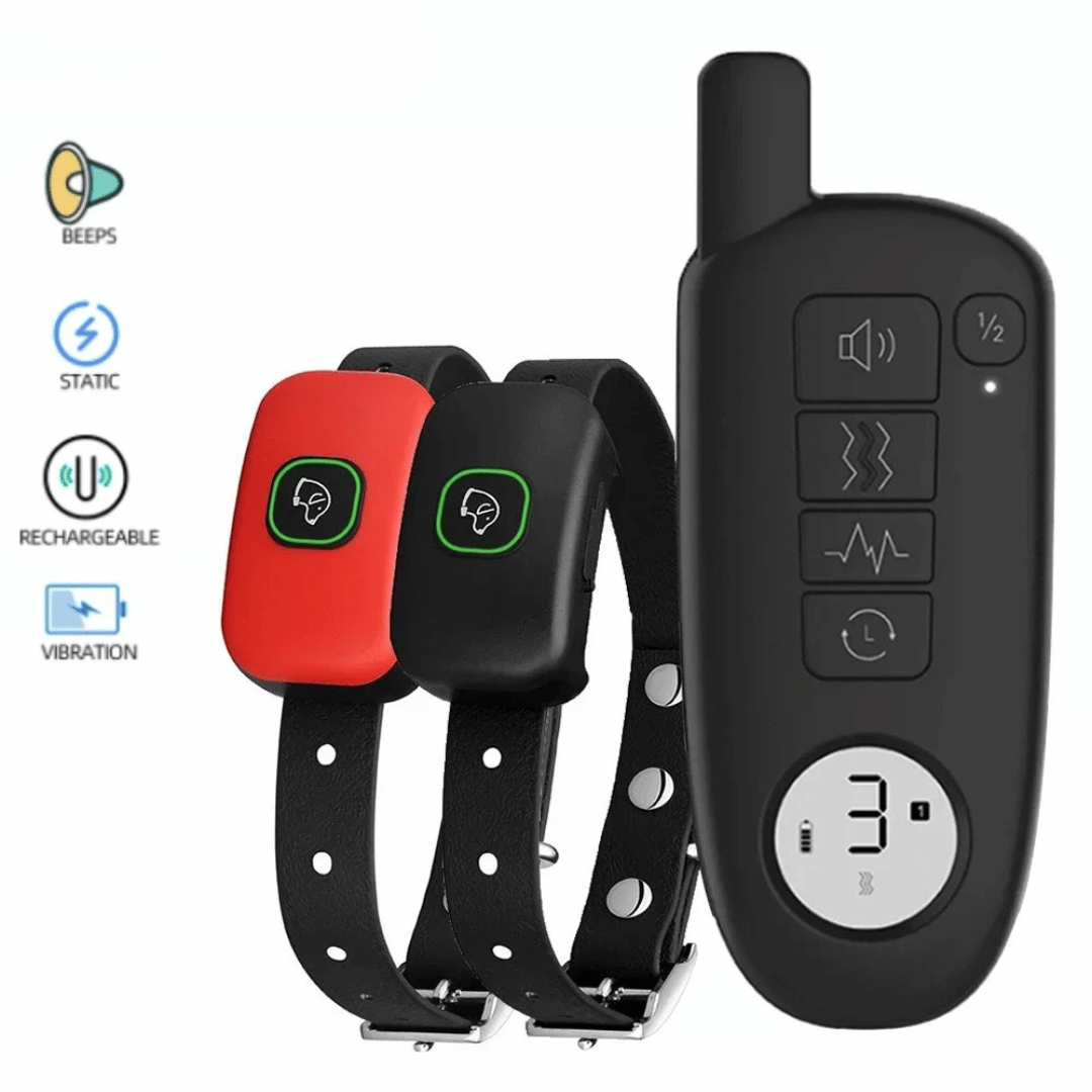 "Waterproof smart dog training collar with remote, 300m range, durable design for effective indoor/outdoor pet training."