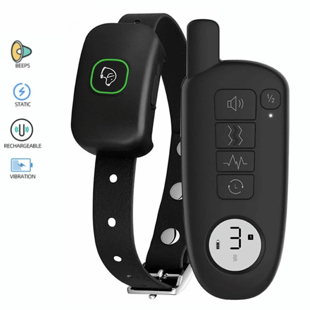 "Waterproof smart dog training collar with remote, 300m range, durable design for effective indoor/outdoor pet training."