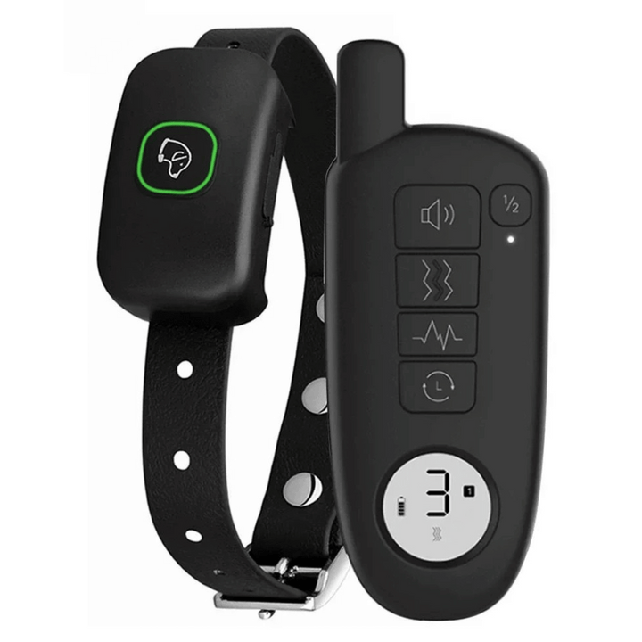 "Waterproof smart dog training collar with remote, 300m range, durable design for effective indoor/outdoor pet training."