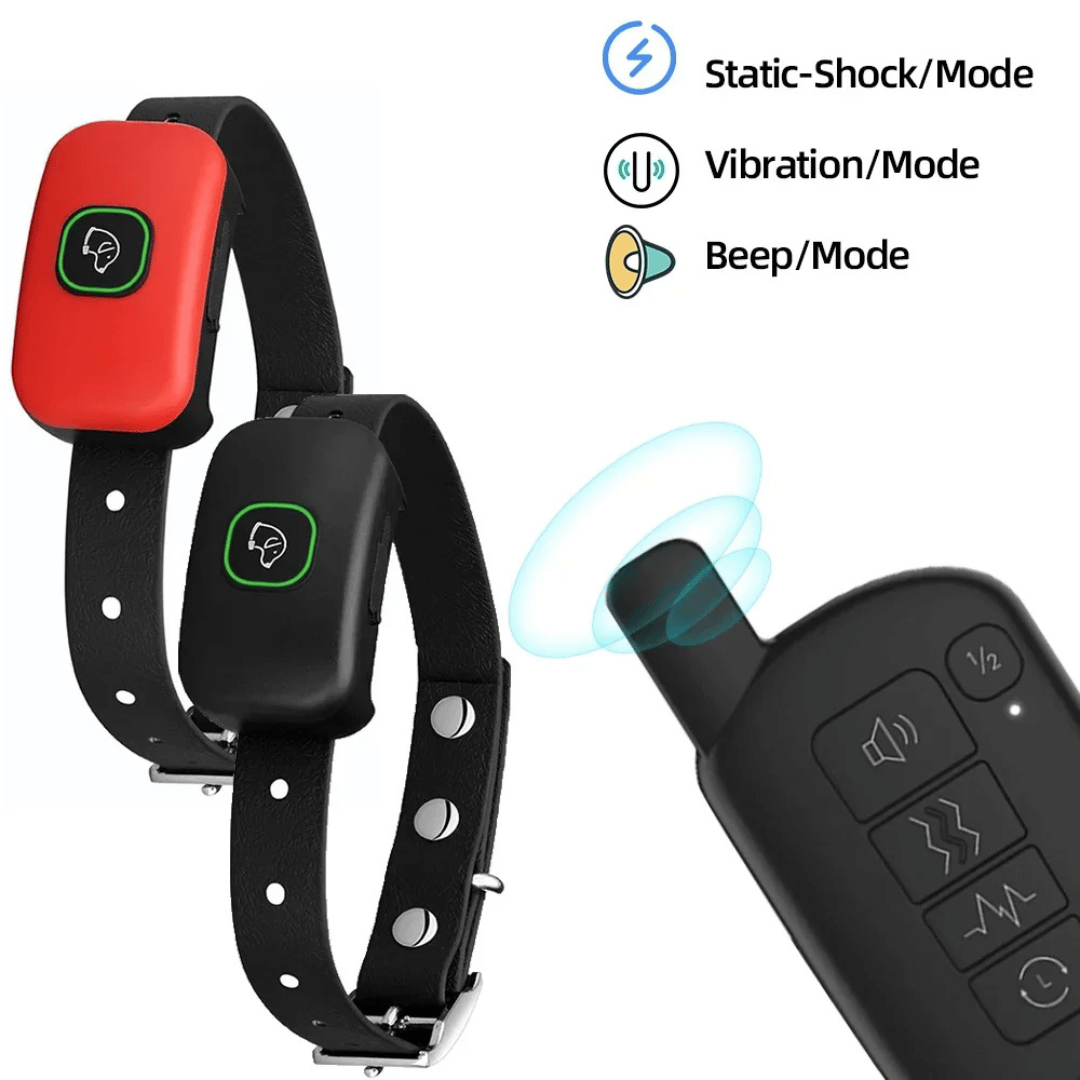 "Waterproof smart dog training collar with remote, 300m range, durable design for effective indoor/outdoor pet training."