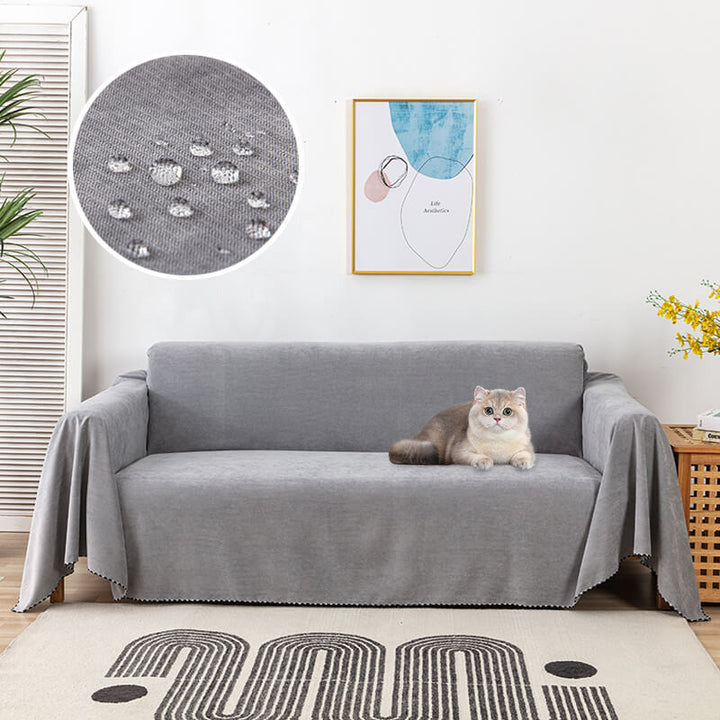 Waterproof sofa throw with jacquard edge, non-slip design, corduroy, and polyester material, protects against spills.