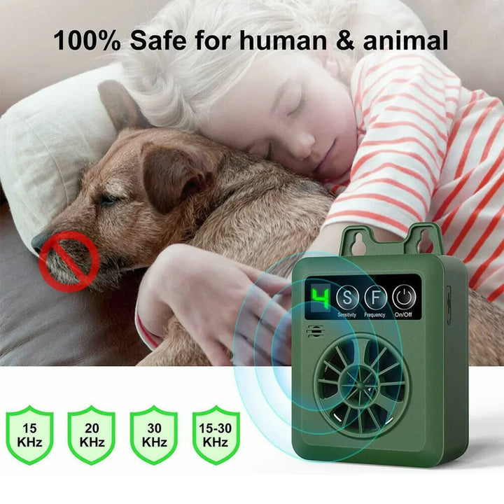 Weather-resistant outdoor ultrasonic anti-bark device; sleek design, pet-friendly; ideal for gardens; easy installation.