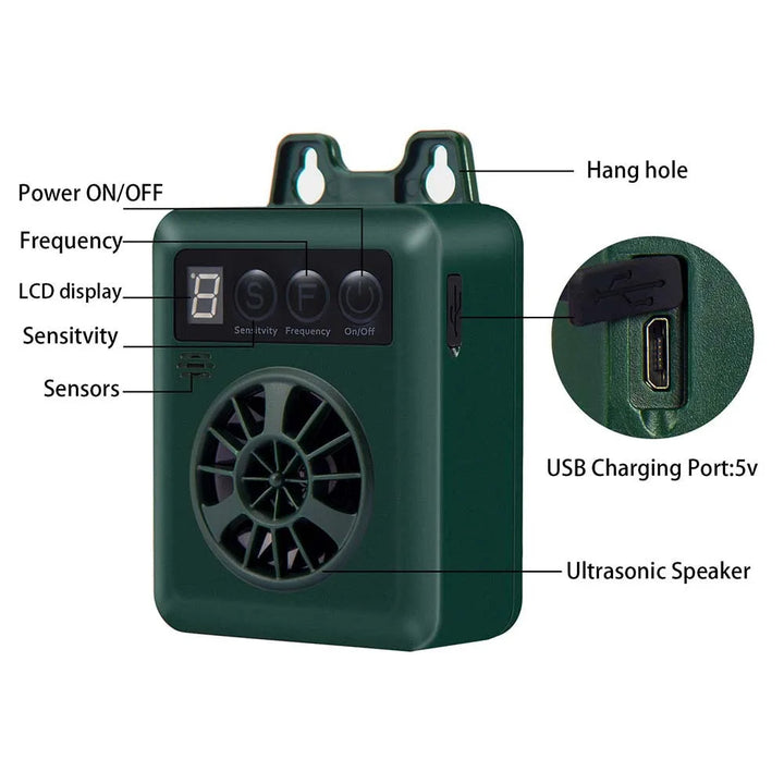 Weather-resistant outdoor ultrasonic anti-bark device; sleek design, pet-friendly; ideal for gardens; easy installation.