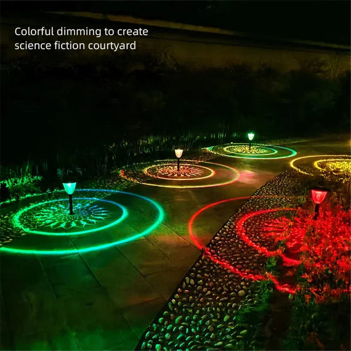 Weatherproof garden light casting intricate mandala shadows, solar-powered, LED, IP65 waterproof, enhances outdoor decor.