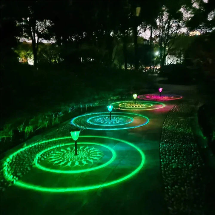 Weatherproof garden light casting intricate mandala shadows, solar-powered, LED, IP65 waterproof, enhances outdoor decor.