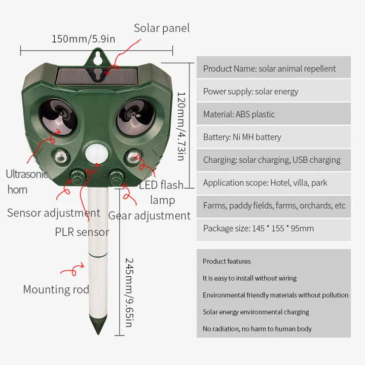 "Weatherproof solar ultrasonic animal repeller in garden, motion-activated to deter pests like cats and rodents."