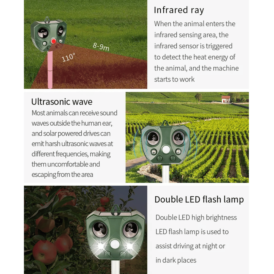 "Weatherproof solar ultrasonic animal repeller in garden, motion-activated to deter pests like cats and rodents."