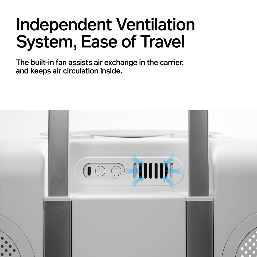 "White futuristic cat travel carrier with bubble window, ventilation, LED lighting, shock-absorbing base, and portable design