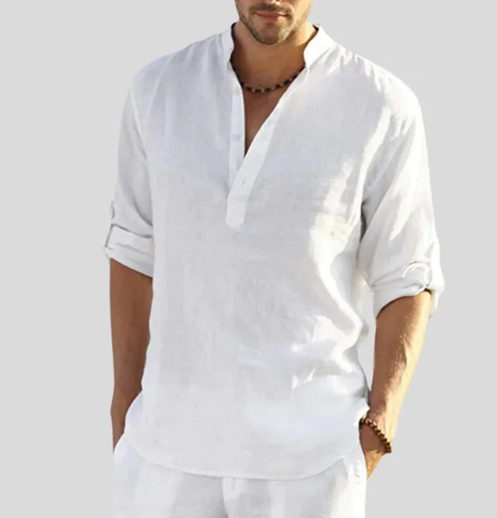 White men's lightweight cotton half-button shirt, relaxed fit. Perfect casual staple for warmer days, breathable and stylish.