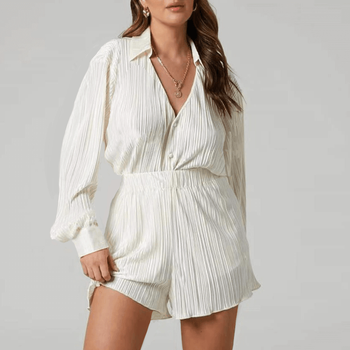 Women's two-piece pleated loose-fit shirt & matching shorts. Effortless spring & summer fashion.