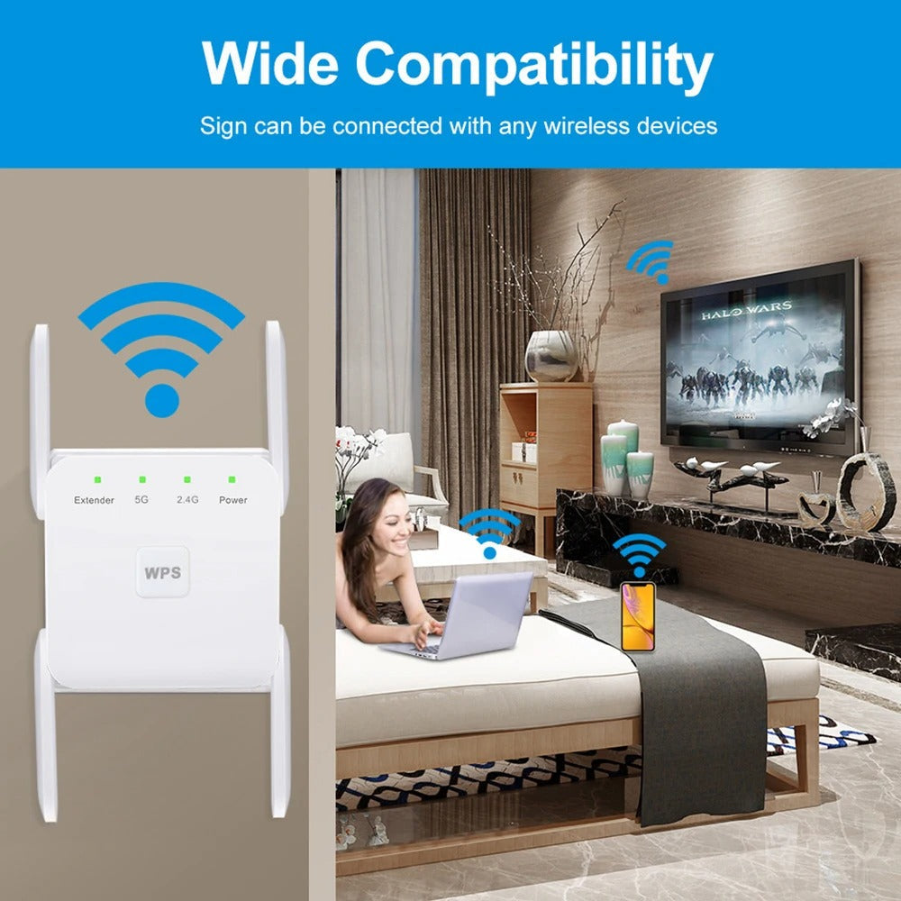 Wi-Fi Extender 1200Mbps, dual-band, four antennas, sleek white design. Ideal for UK homes, enhances internet coverage.