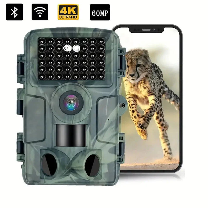 Wildlife camera with 4K video, 60MP photos, infrared night vision, weatherproof design, and app control for nature photograph