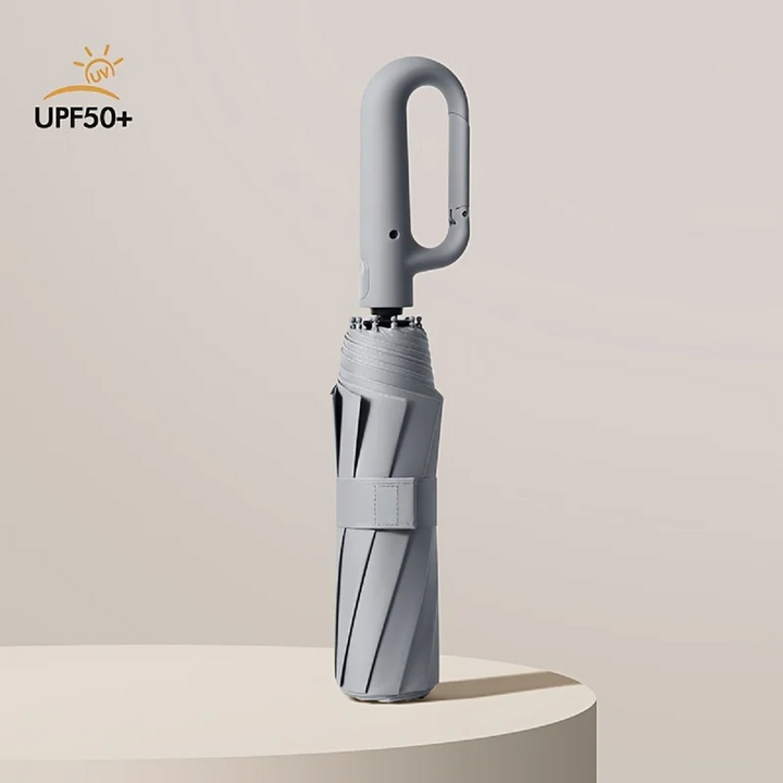 "Windproof automatic folding umbrella with reflective strip, featuring 10-rib construction, reverse folding, and carabiner ha