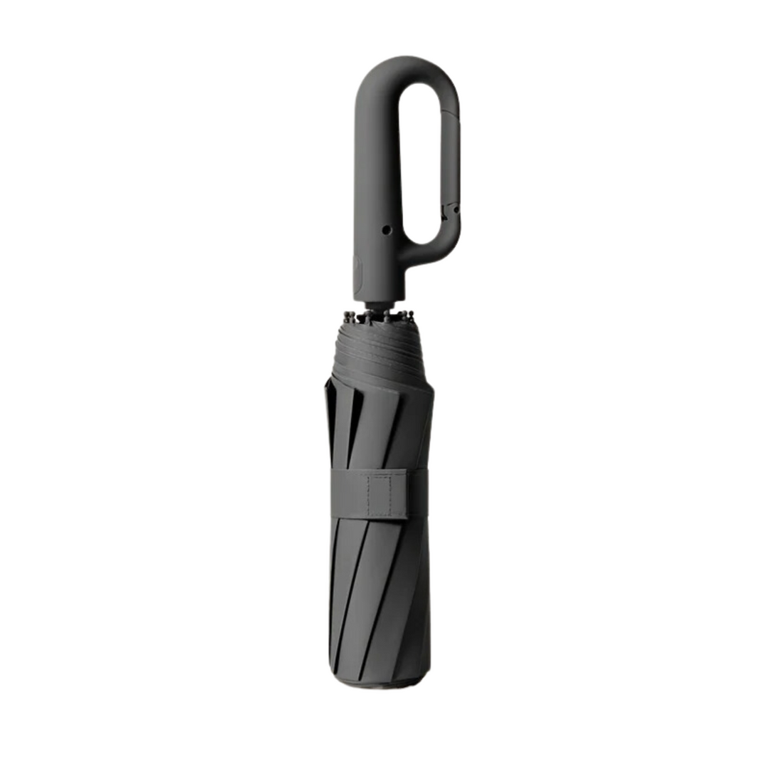 "Windproof automatic folding umbrella with reflective strip, featuring 10-rib construction, reverse folding, and carabiner ha