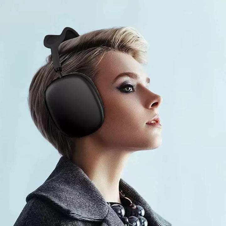 Wireless Bluetooth over-ear headphones, sleek black design, ergonomic fit, featuring noise cancellation and soft cushions.