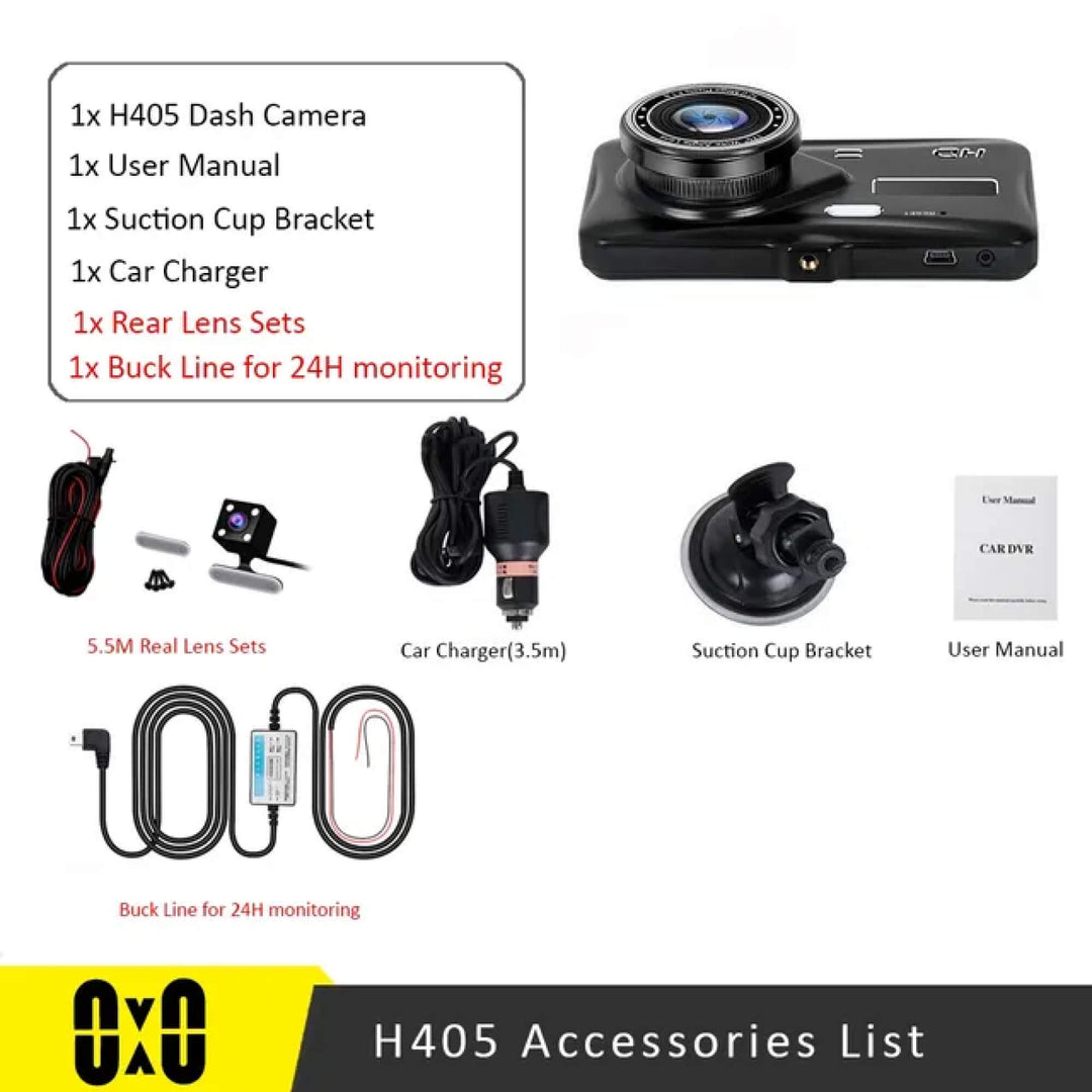 "Wireless dual dash camera, night vision, 170° angle, HD 1080p, front and rear lenses, LCD screen, sleek black design."