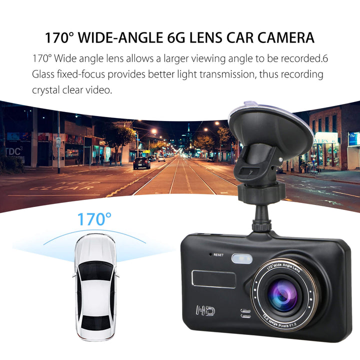 "Wireless dual dash camera, night vision, 170° angle, HD 1080p, front and rear lenses, LCD screen, sleek black design."