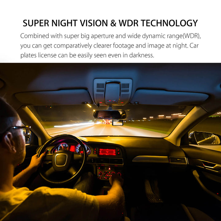 "Wireless dual dash camera, night vision, 170° angle, HD 1080p, front and rear lenses, LCD screen, sleek black design."