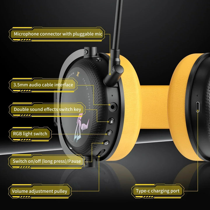 Wireless gaming headset with detachable mic, RGB lights, over-ear design, and multi-platform connectivity for immersive play.
