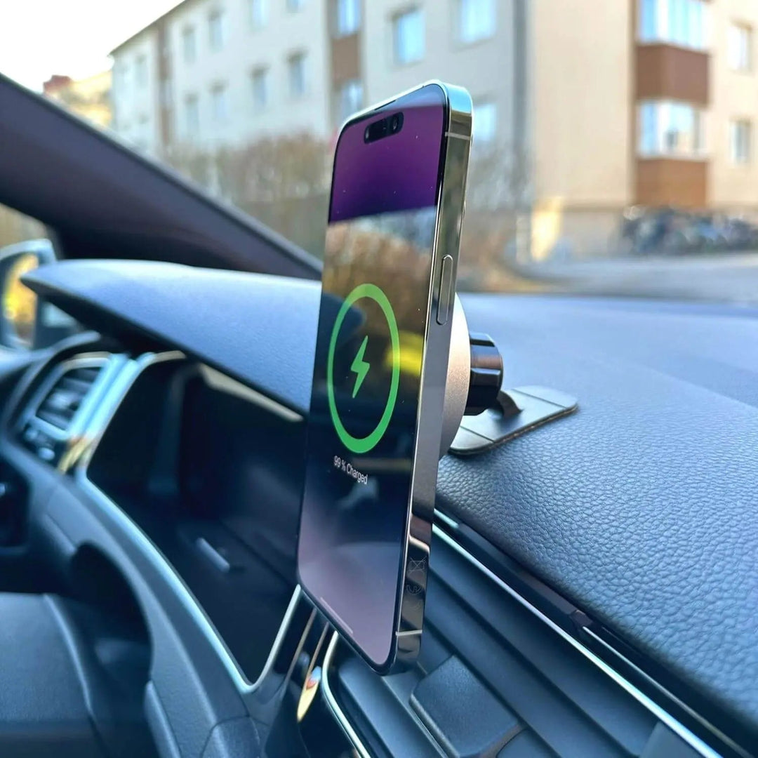 "Wireless MagSafe car charger and phone mount for iPhone, sleek design, strong magnetic hold, seamless interior fit."