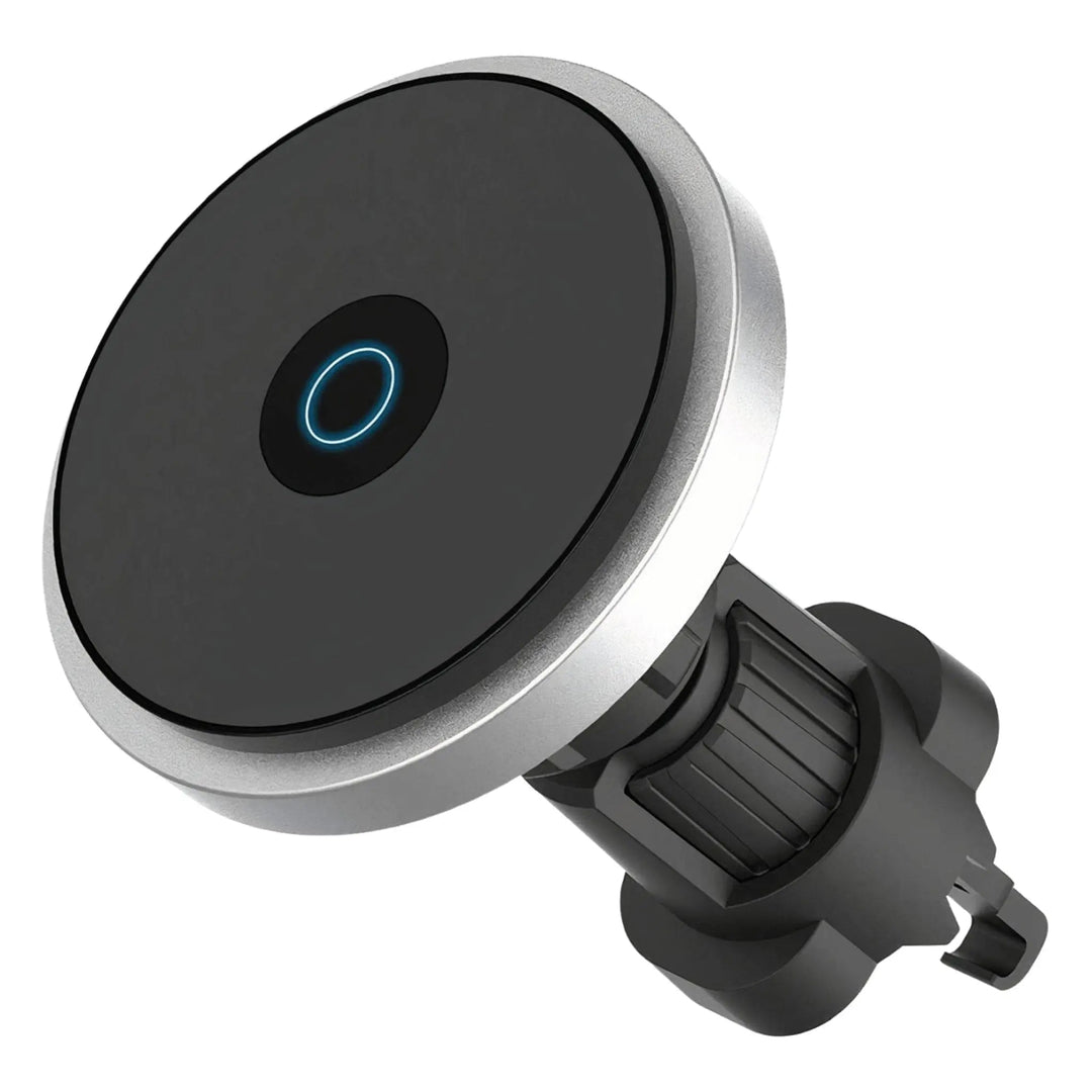 "Wireless MagSafe car charger and phone mount for iPhone, sleek design, strong magnetic hold, seamless interior fit."