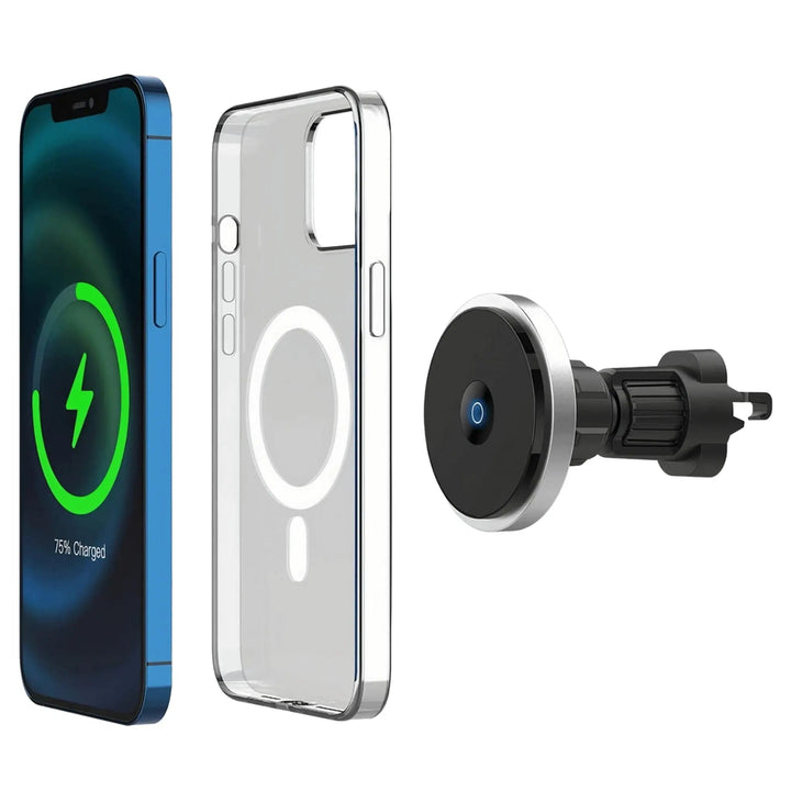 "Wireless MagSafe car charger and phone mount for iPhone, sleek design, strong magnetic hold, seamless interior fit."