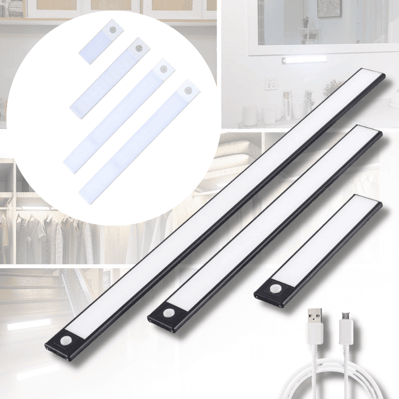 Battery-operated universal motion sensor LED lights for smart home decor, ideal for closets, stairs, or kitchen counters.