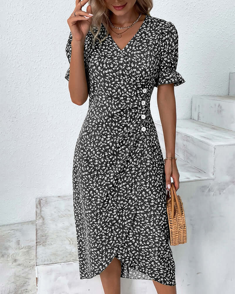 "Woman wearing elegant button-front dress in assorted colors with a flattering silhouette and classic style."